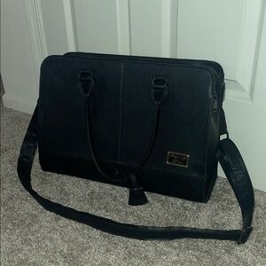 OVO Black Leather Laptop Briefcase with Shoulder Strap